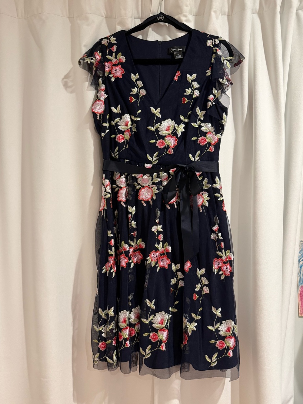 Jessica Howard 12P Knee Length Navy Dress with Pink & Cream Floral Embroidery.